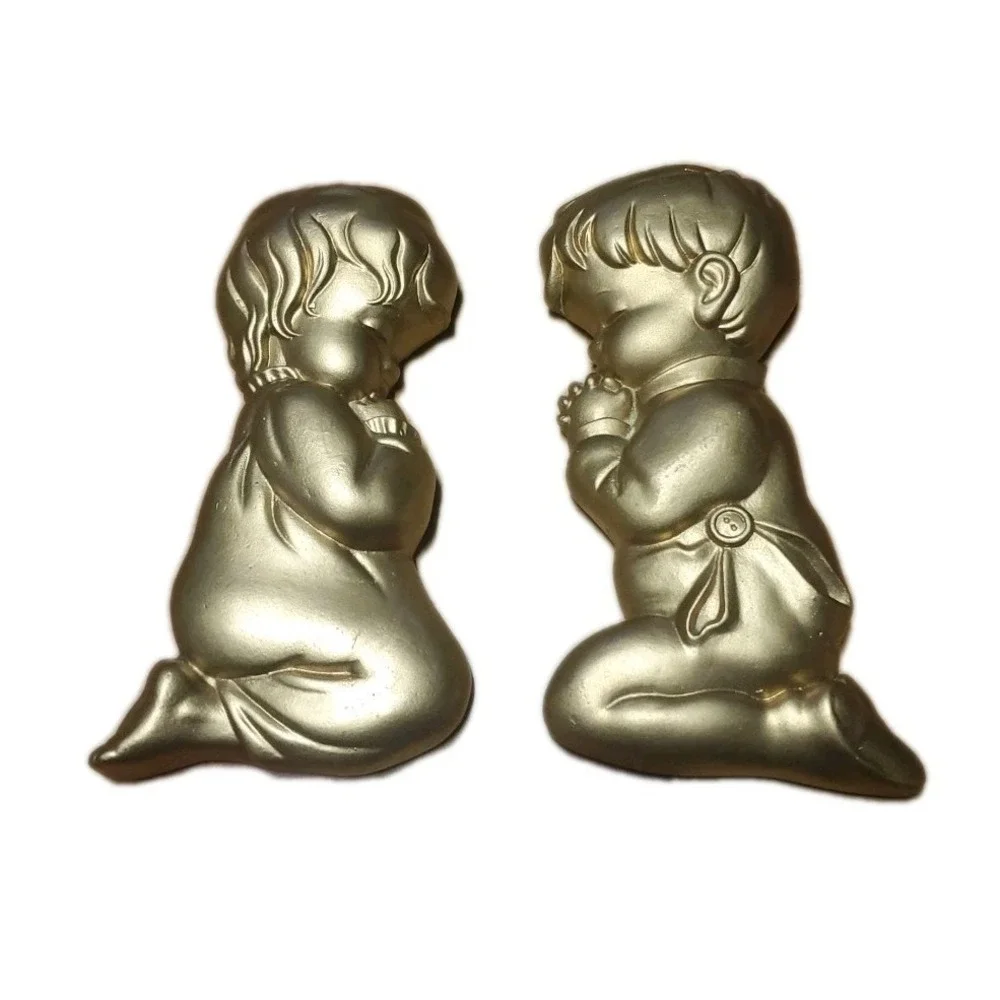 Boy Girl Child Praying Vintage Miller Studio 80s Antique Gold Color‎ Wall Decor